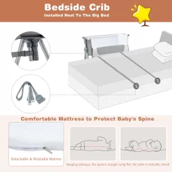 Babyjoy Baby Bed Side Crib Portable Adjustable Infant Travel Sleeper Bassinet Light Grey