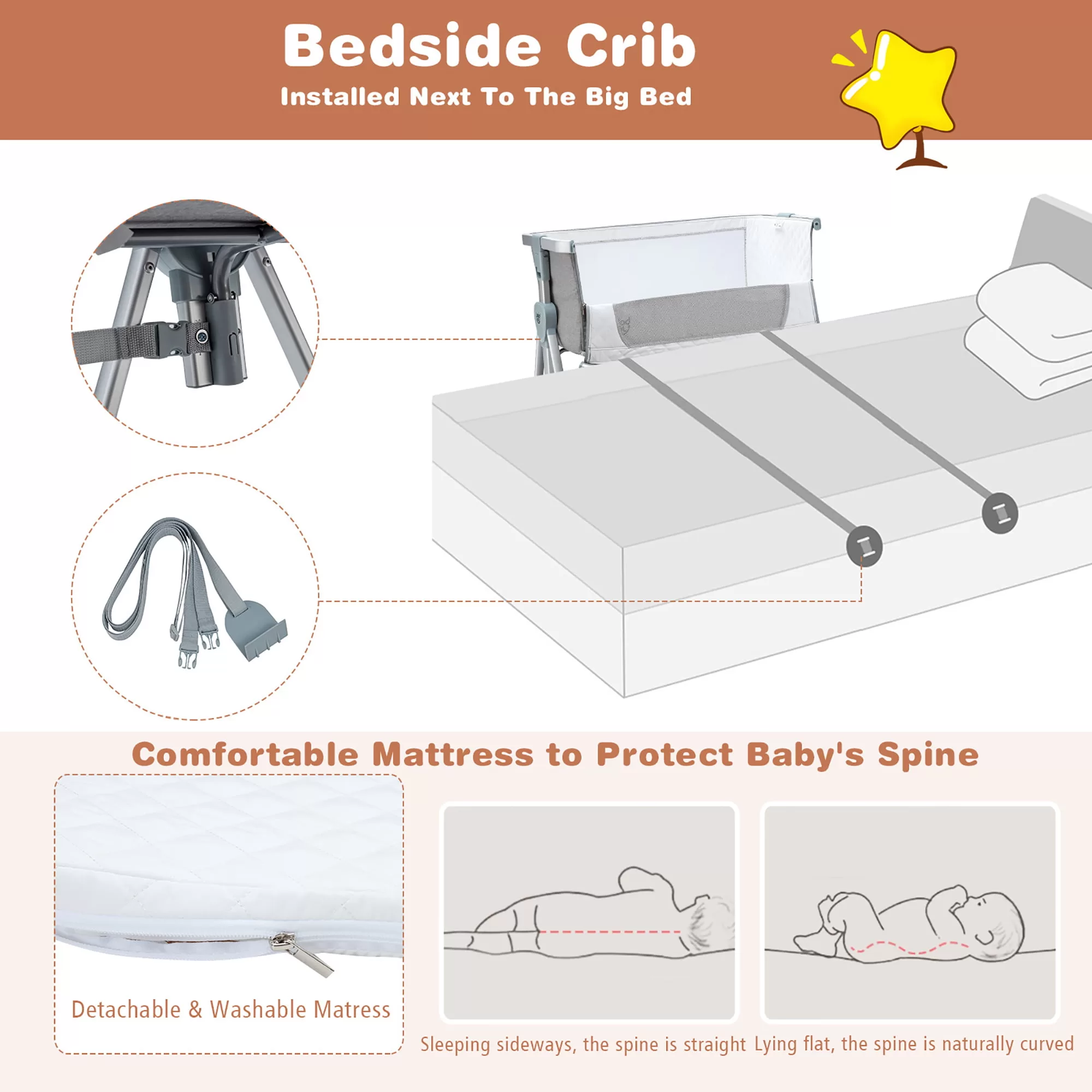 Babyjoy Baby Bed Side Crib Portable Adjustable Infant Travel Sleeper Bassinet Light Grey