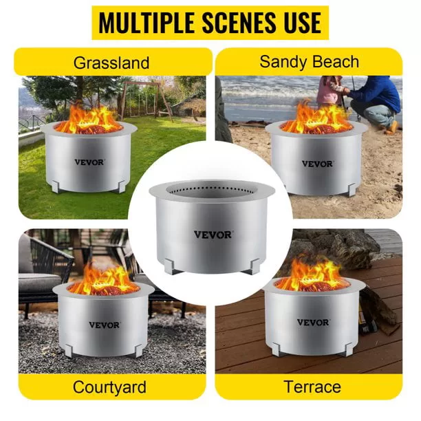 VEVOR Smokeless Fire Pit, Large 22 inch Diameter Wood Burning Fire Pit, Portable Smokeless Fire Bowl for Picnic Camping Backyard Silver