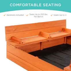 Best Choice Products 47x47-Inch Kids Wooden Outdoor Sandbox w/ 2 Foldable Bench Seats, Liner - Brown