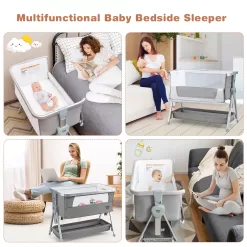 Babyjoy Baby Bed Side Crib Portable Adjustable Infant Travel Sleeper Bassinet Light Grey