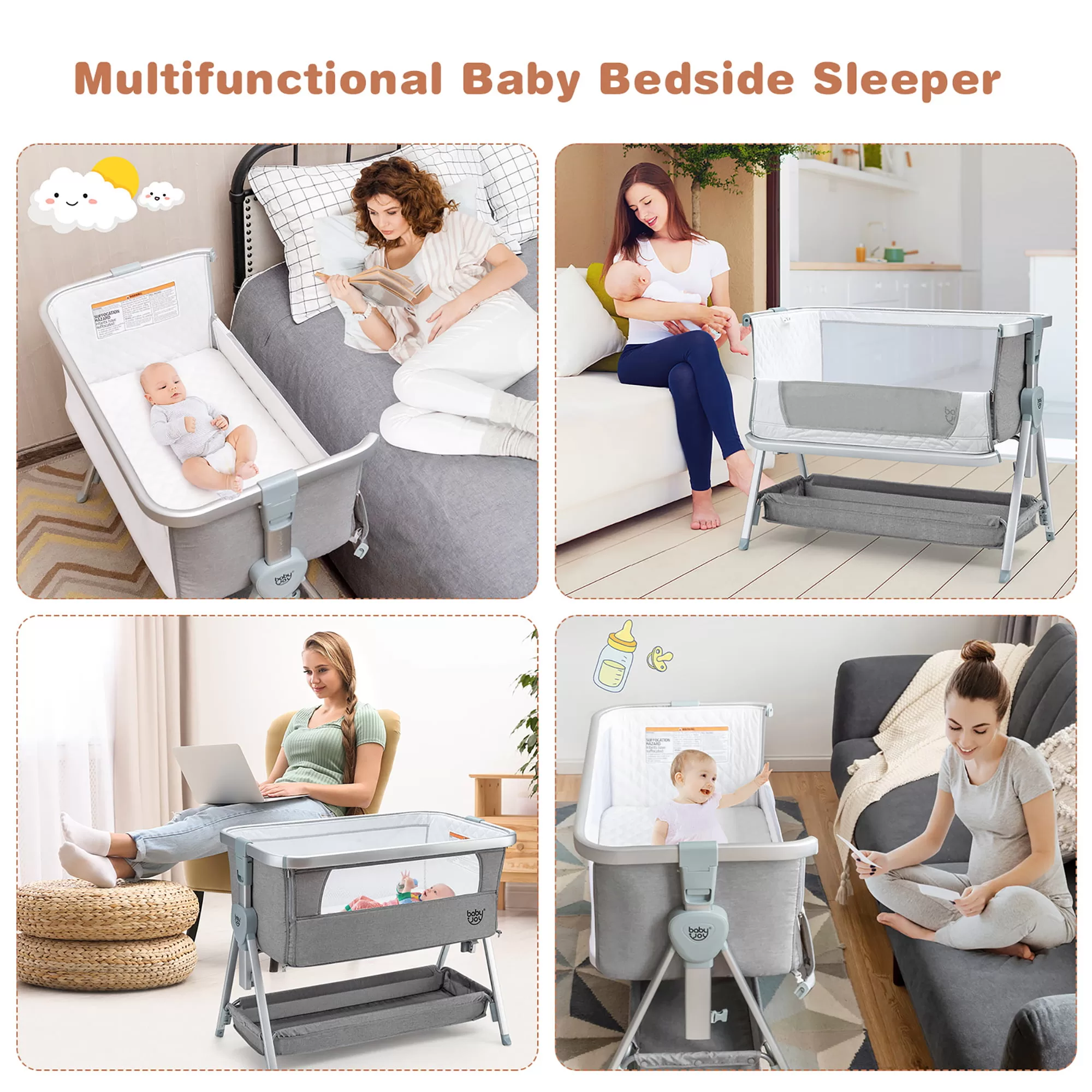 Babyjoy Baby Bed Side Crib Portable Adjustable Infant Travel Sleeper Bassinet Light Grey