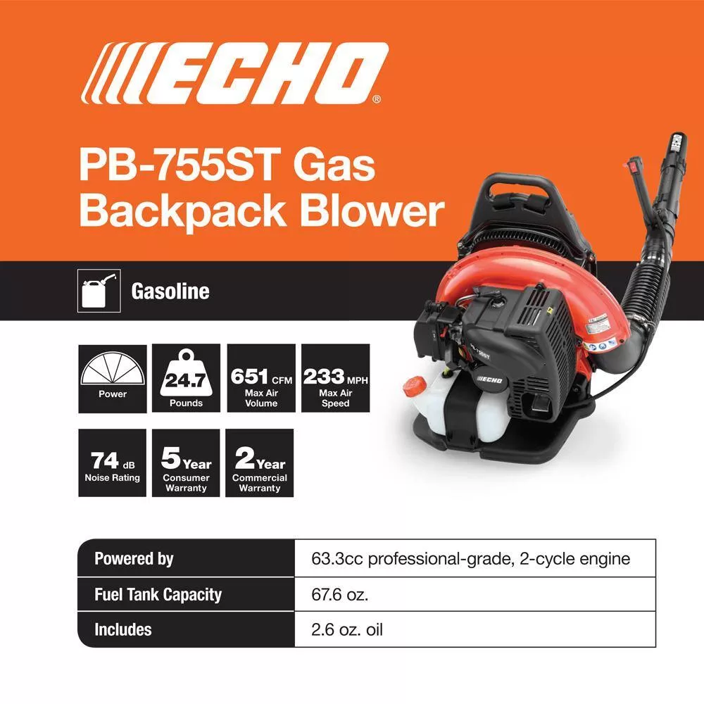 ECHO PB-755ST 233 MPH 651 CFM 63.3cc Gas 2-Stroke Cycle Backpack Leaf Blower with Tube Throttle