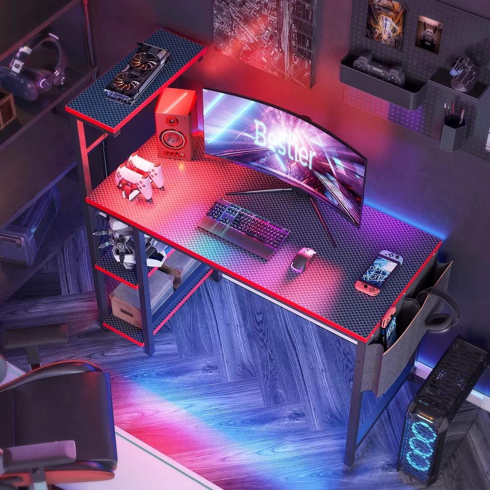 Bestier Reversible 44 inch Computer Desk with LED Lights Gaming Desk , 4 Tier Shelves Carbon Fiber