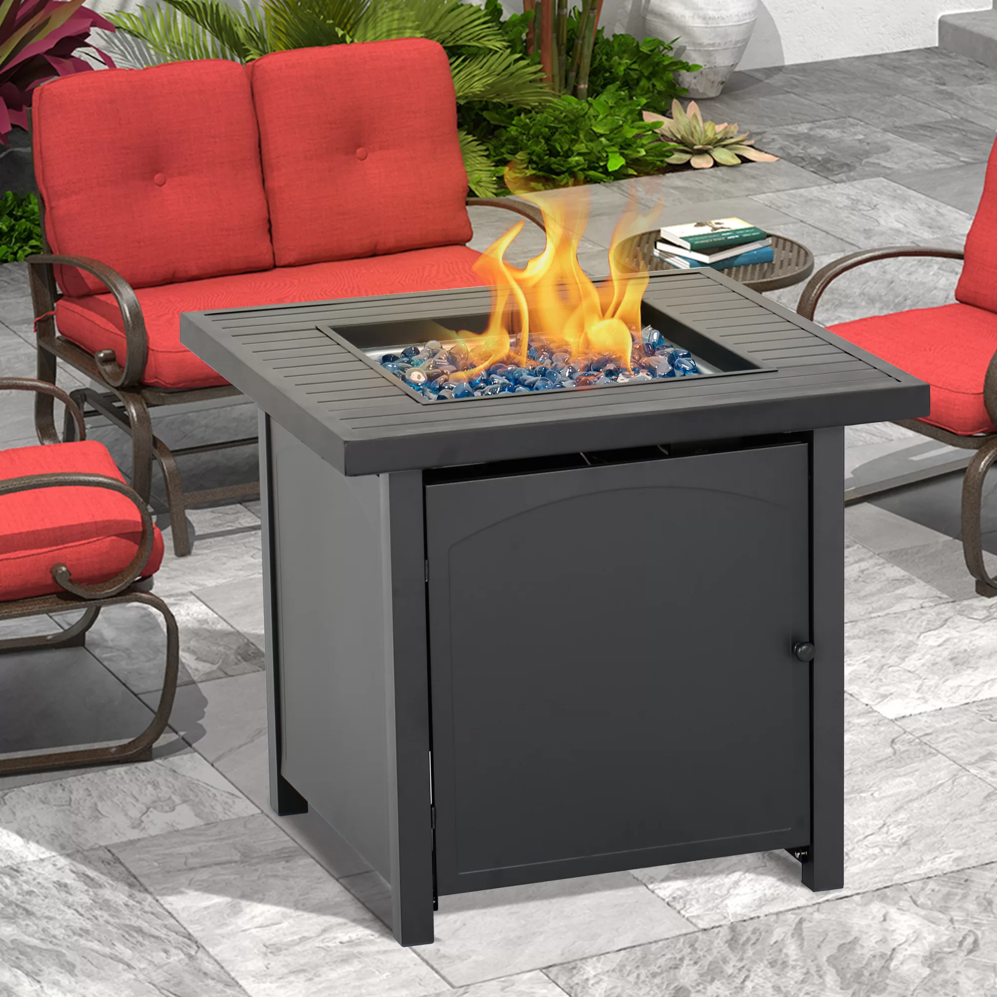 28 in. Outdoor Propane Fire Pit Slat Tabletop with Glass Stone