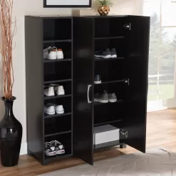Baxton Studio 2 Door Entryway Shoe Storage Cabinet with Open Shelves.