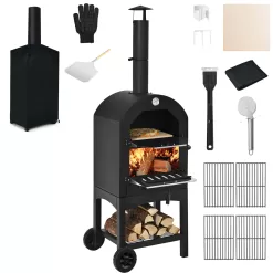 Costway Outdoor Pizza Oven Wood Fire Pizza Maker Grill w/ Pizza Stone & Waterproof Cover