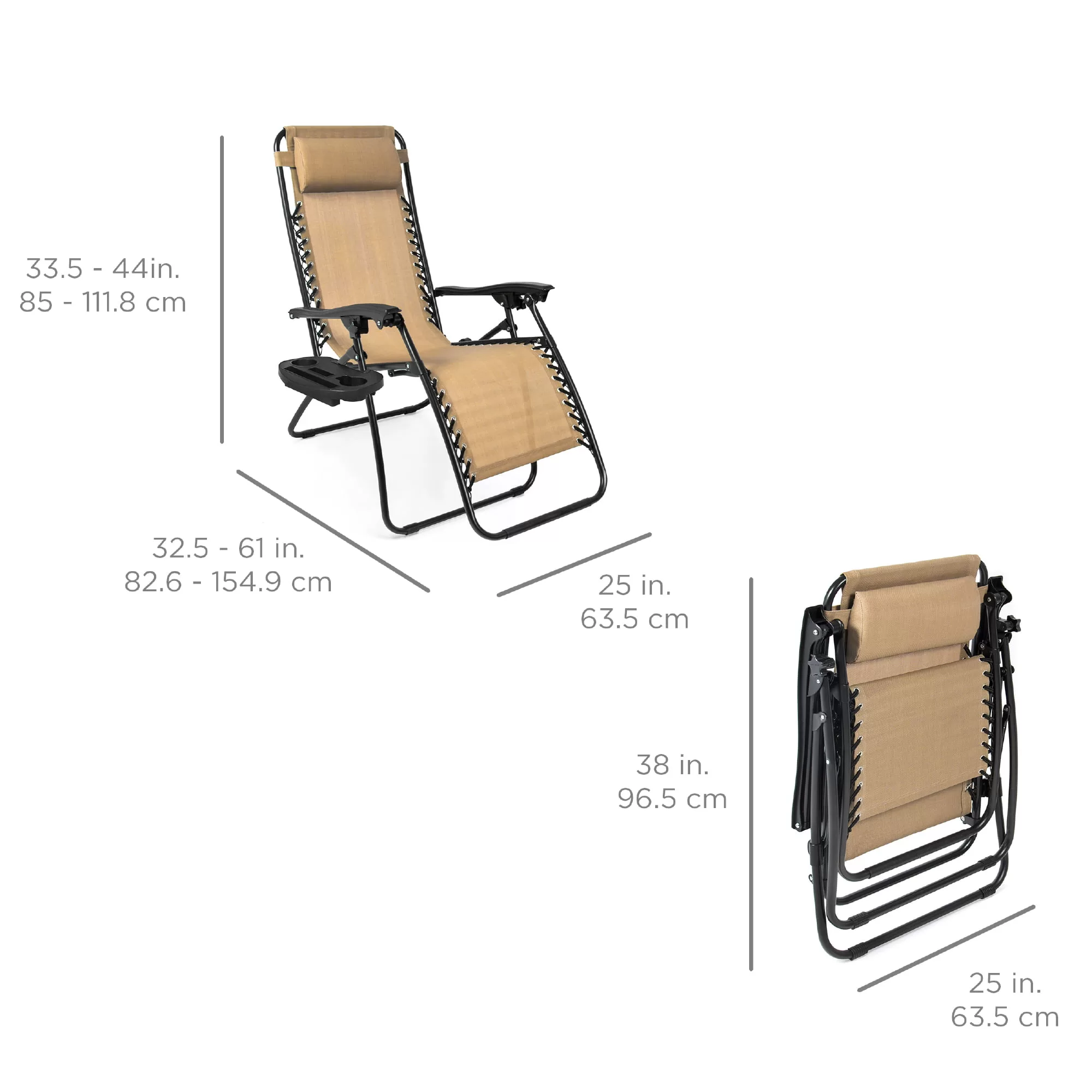 Best Choice Products Set of 2 Zero Gravity Lounge Chair Recliners for Patio, Pool w/ Cup Holder Tray - Beige