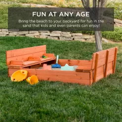 Best Choice Products 47x47-Inch Kids Wooden Outdoor Sandbox w/ 2 Foldable Bench Seats, Liner - Brown