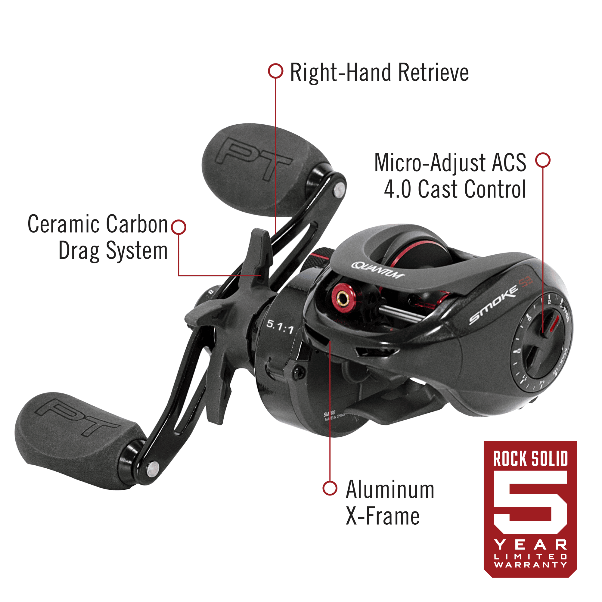 Quantum Smoke Baitcast Fishing Reel, Size 100 Reel, Right-Hand Retrieve, Large EVA Handle Knobs and Continuous Anti-Reverse Clutch, 10+1 Bearings, 5.1:1 Gear Ratio, Black