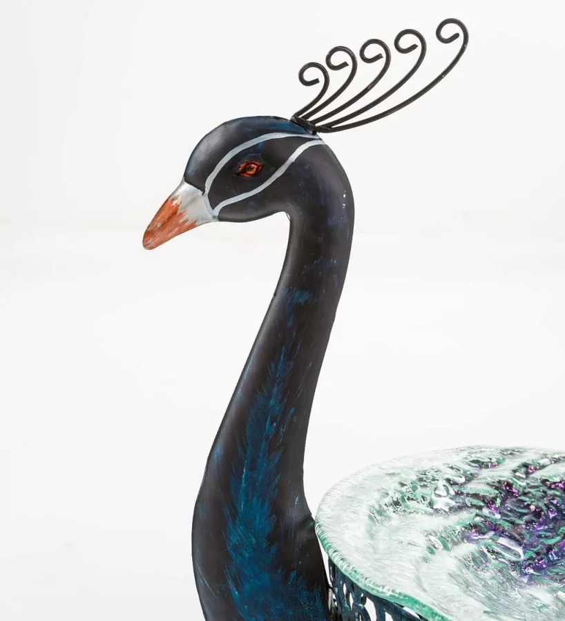 Wind & Weather Vibrant Metal Peacock Birdbath with Glass Bowl