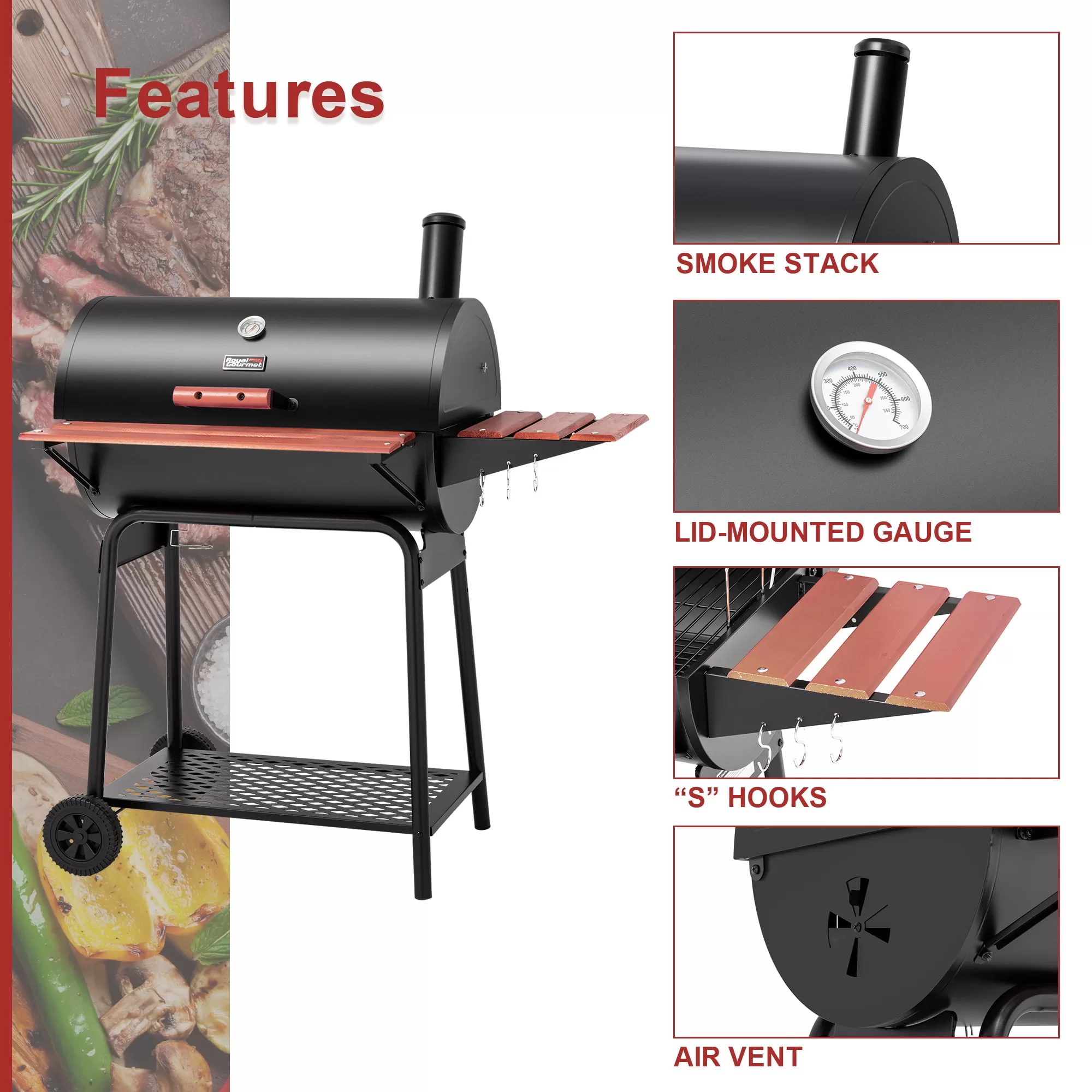 Royal Gourmet CC1830V 30" Barrel Charcoal Grill with Wood-Painted Side Table and Front Table