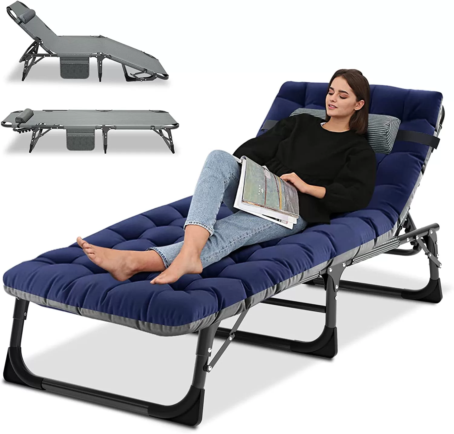 Slsy Folding Sleeping Cots Bed with 2 Sided Mattress & Pillow, Folding Camping Cot, Adjustable 4-Position Folding Lounge Chair