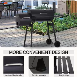 SKONYON Outdoor Portable BBQ Charcoal Grill with Offset Smoker, Black