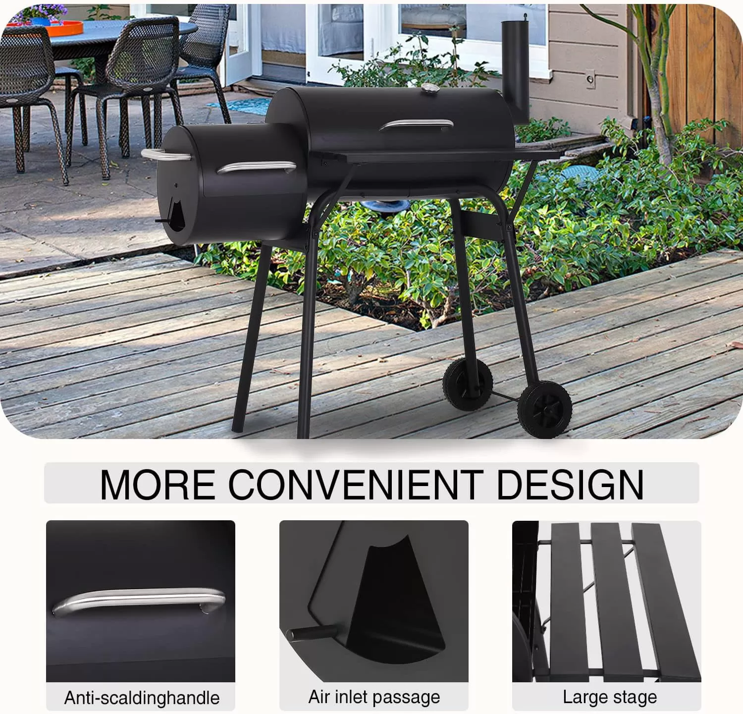 SKONYON Outdoor Portable BBQ Charcoal Grill with Offset Smoker, Black