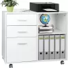 TUSY 3-Drawer Wood File Cabinet, Mobile Lateral Filing Cabinet for Home Office, Printer Stand with Open Storage Shelves, White