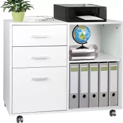 TUSY 3-Drawer Wood File Cabinet, Mobile Lateral Filing Cabinet for Home Office, Printer Stand with Open Storage Shelves, White