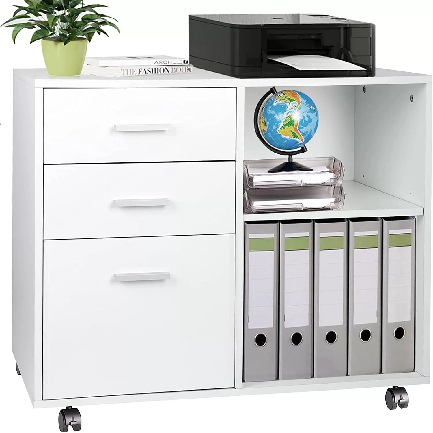 TUSY 3-Drawer Wood File Cabinet, Mobile Lateral Filing Cabinet for Home Office, Printer Stand with Open Storage Shelves, White