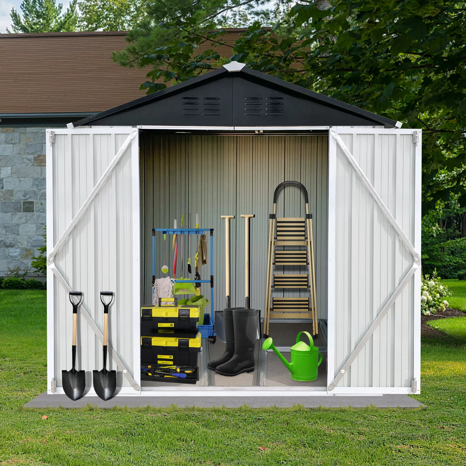 6' x 4' Outdoor Metal Storage Shed, Galvanized Steel Garden Shed with Lockable Doors, Outdoor Storage Shed