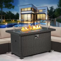 44 in Propane Fire Pit Table,Rattan Fire Pit Table with Lid, Waterproof Cover, 50,000 BTU Gas Firepits for Outside Output