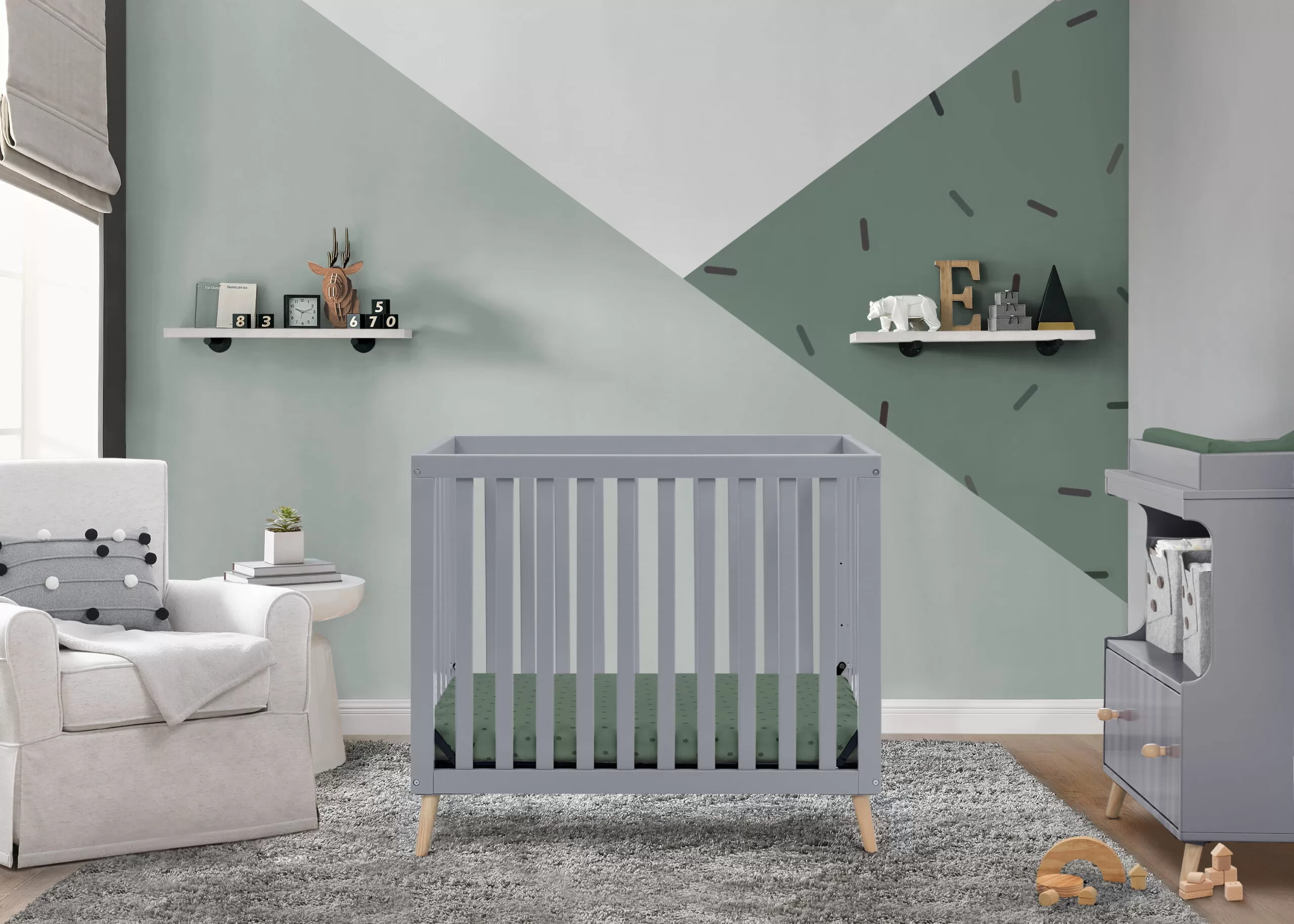 Delta Children Essex Convertible Mini Baby Crib with Mattress, Grey/Natural