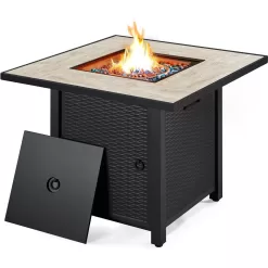 SMILE MART 30" Propane Gas Fire Pit Table with Ceramic Tabletop Rattan Pattern Steel Base for Garden/Patio/Courtyard, Black