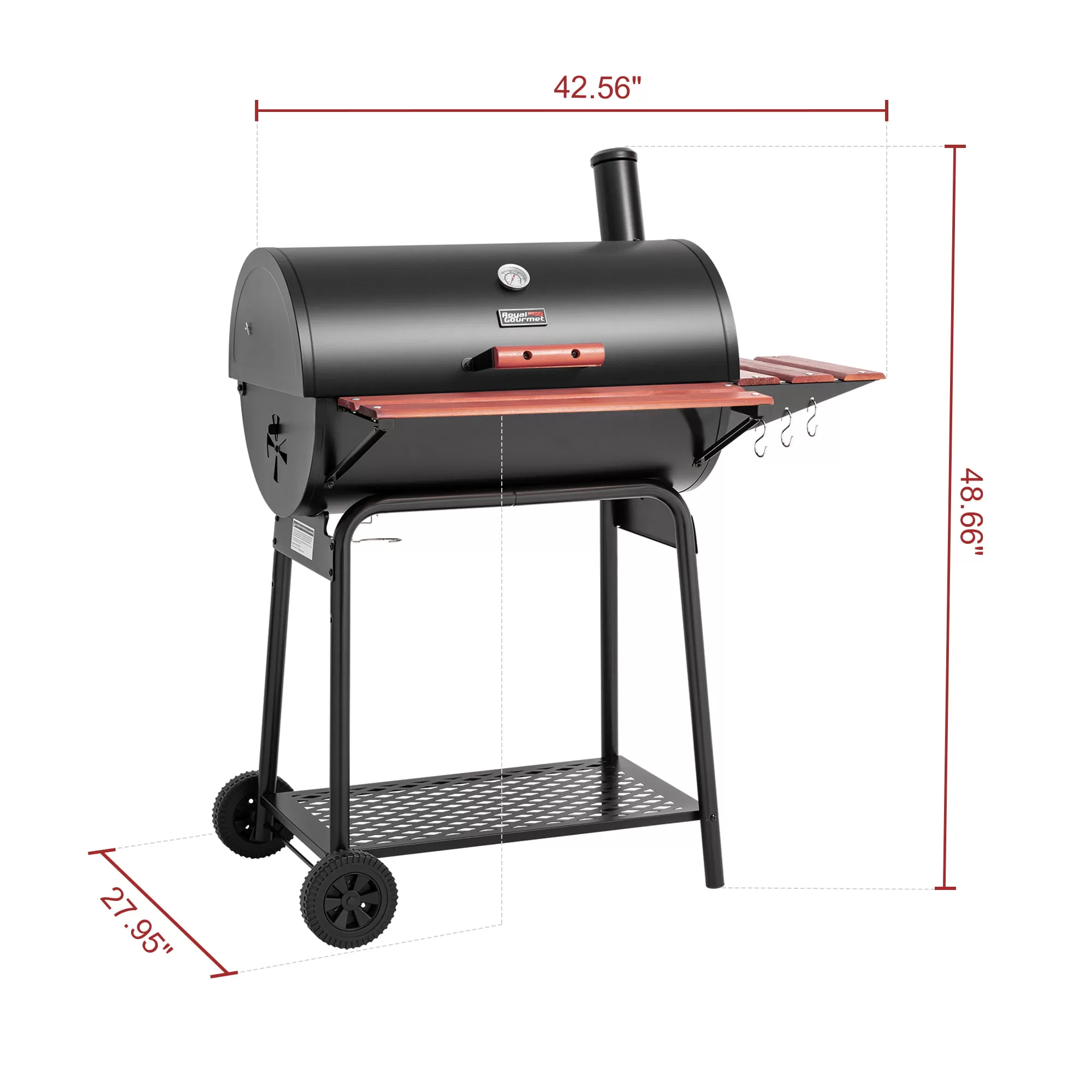 Royal Gourmet CC1830V 30" Barrel Charcoal Grill with Wood-Painted Side Table and Front Table