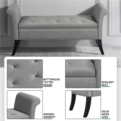 SmileMart Button Tufted Ottoman Storage Bench with Rolled Arms, Light Gray Fabric