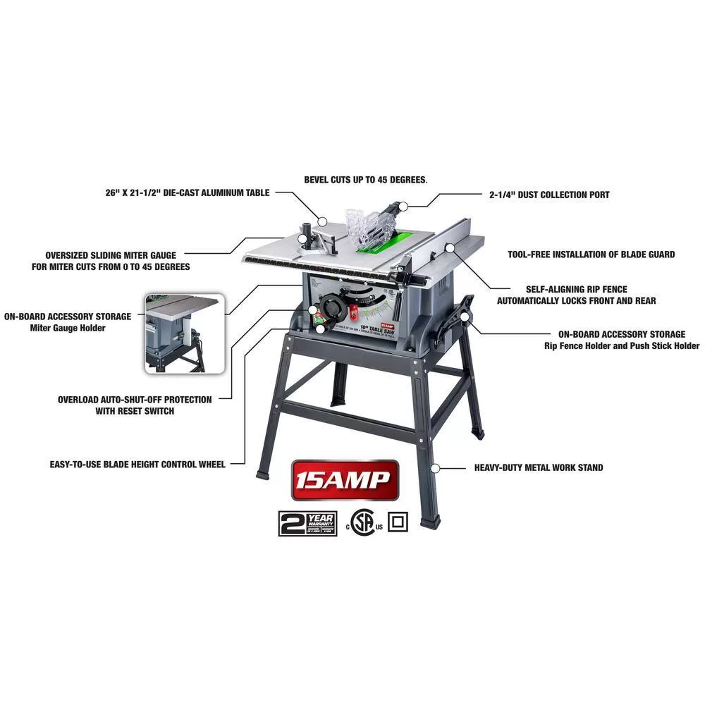 GENESIS GTS10SC 10 in. 15 Amp Table Saw with Metal Stand, Miter Gauge, Push Stick and Rip Fence