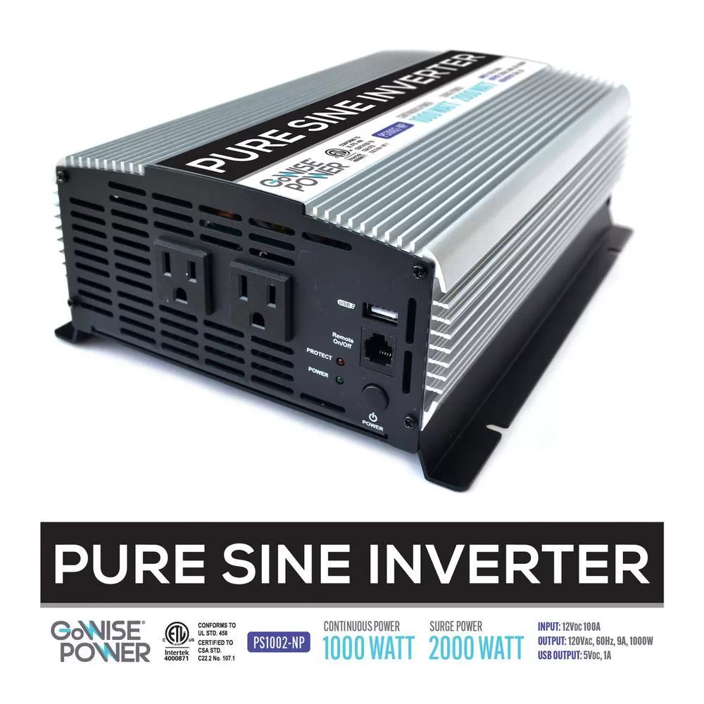 GoWISE USA PS1002 1,000-Watt Continuous/2,000-Watt Peak Pure Sine Wave Inverter