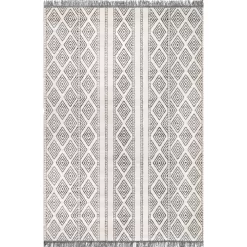 nuLOOM Miriam Striped Tribal Tassel Gray 12 ft. x 15 ft. Indoor/Outdoor Patio Area Rug