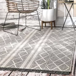 nuLOOM Miriam Striped Tribal Tassel Gray 12 ft. x 15 ft. Indoor/Outdoor Patio Area Rug