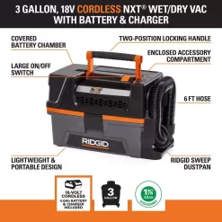 RIDGID HD0320 3 Gal. 18-Volt Cordless Handheld NXT Wet/Dry Vacuum with Battery, Charger, Fine Dust Filter, Hose and Accessories