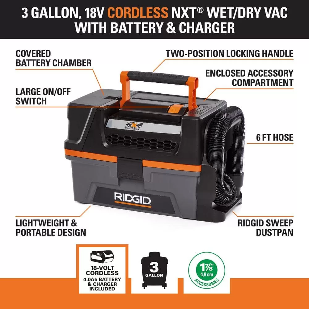RIDGID HD0320 3 Gal. 18-Volt Cordless Handheld NXT Wet/Dry Vacuum with Battery, Charger, Fine Dust Filter, Hose and Accessories