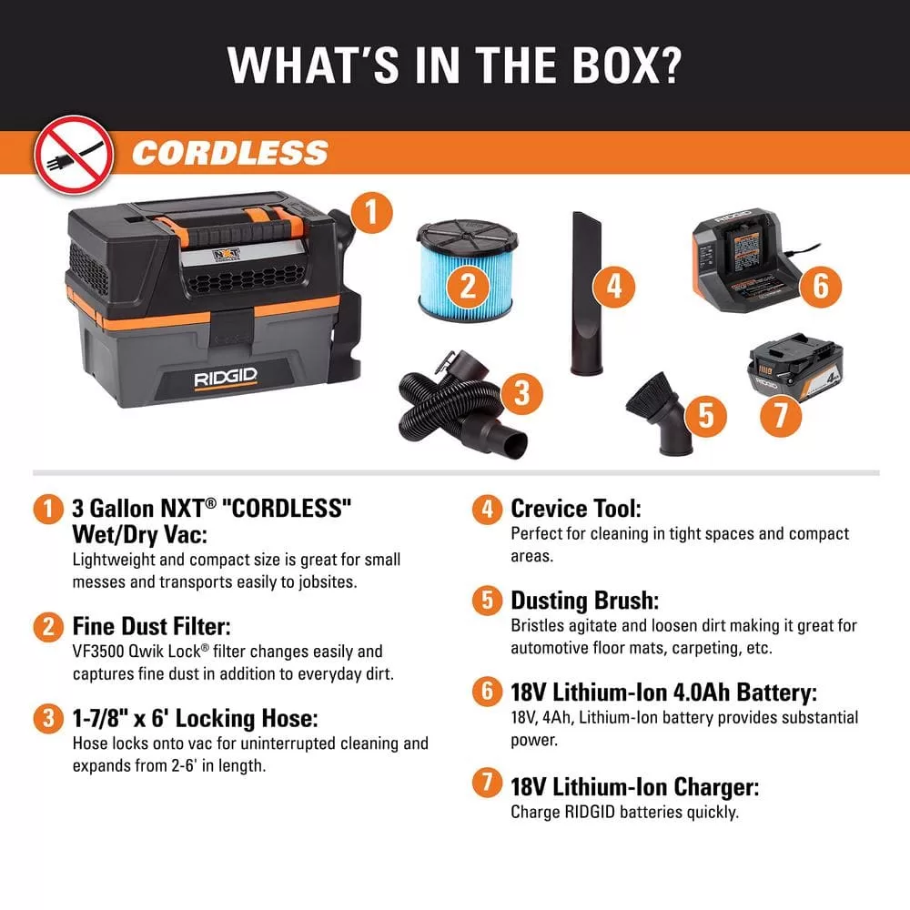 RIDGID HD0320 3 Gal. 18-Volt Cordless Handheld NXT Wet/Dry Vacuum with Battery, Charger, Fine Dust Filter, Hose and Accessories