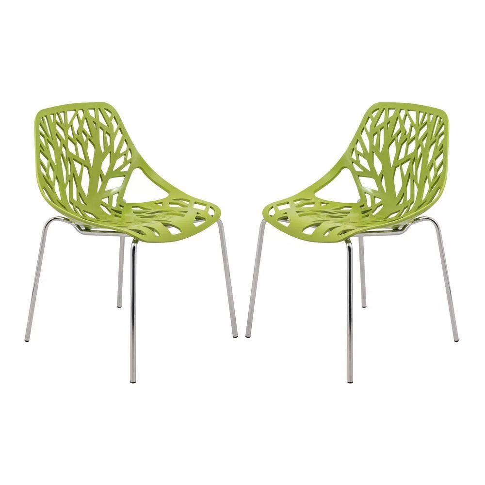 Leisuremod Asbury Modern Stackable Dining Chair With Chromed Metal Legs Set of 2 in Green
