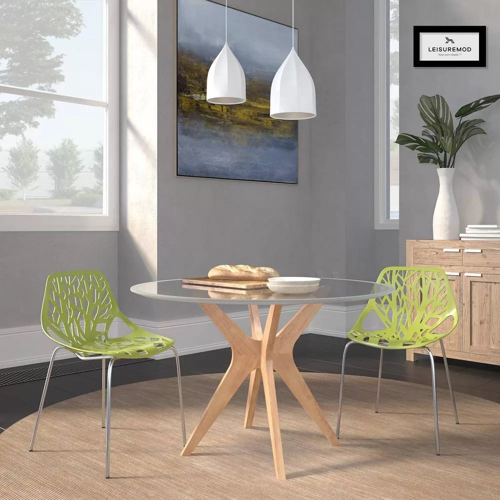 Leisuremod Asbury Modern Stackable Dining Chair With Chromed Metal Legs Set of 2 in Green
