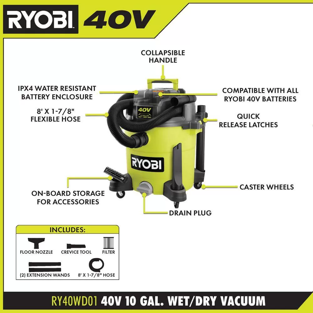 RYOBI RY40WD01K 40V 10 Gal. Cordless Wet/Dry Vacuum Kit with 40V 4.0 Ah Battery and 40V Charger