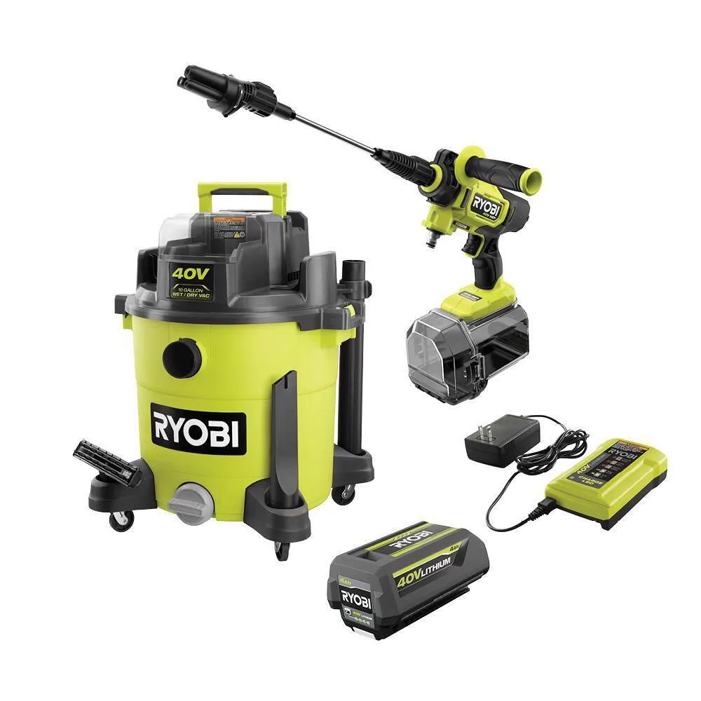 RYOBI RY40WD01K-RY124050VNM 40V 10 Gal. Cordless Wet/Dry Vacuum with 40V HP Brushless EZClean 600 PSI Power Cleaner, 4.0 Ah Battery, and Charger