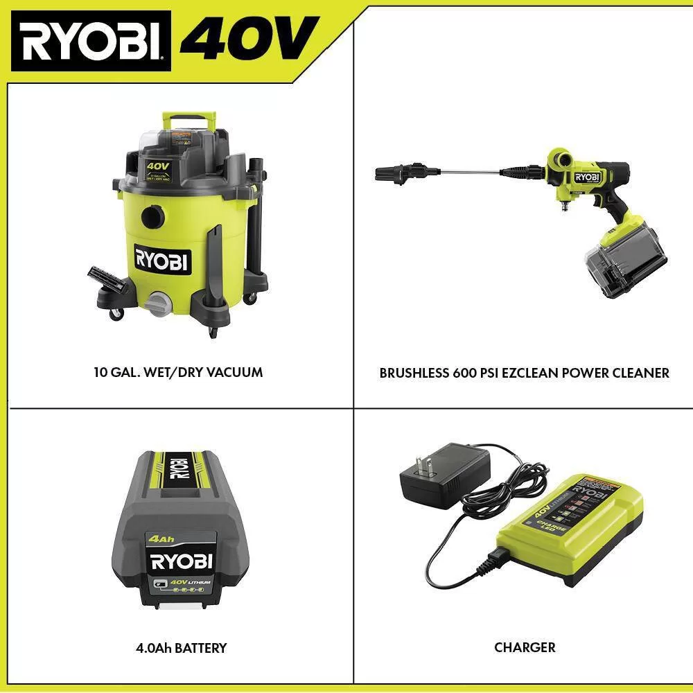 RYOBI RY40WD01K-RY124050VNM 40V 10 Gal. Cordless Wet/Dry Vacuum with 40V HP Brushless EZClean 600 PSI Power Cleaner, 4.0 Ah Battery, and Charger