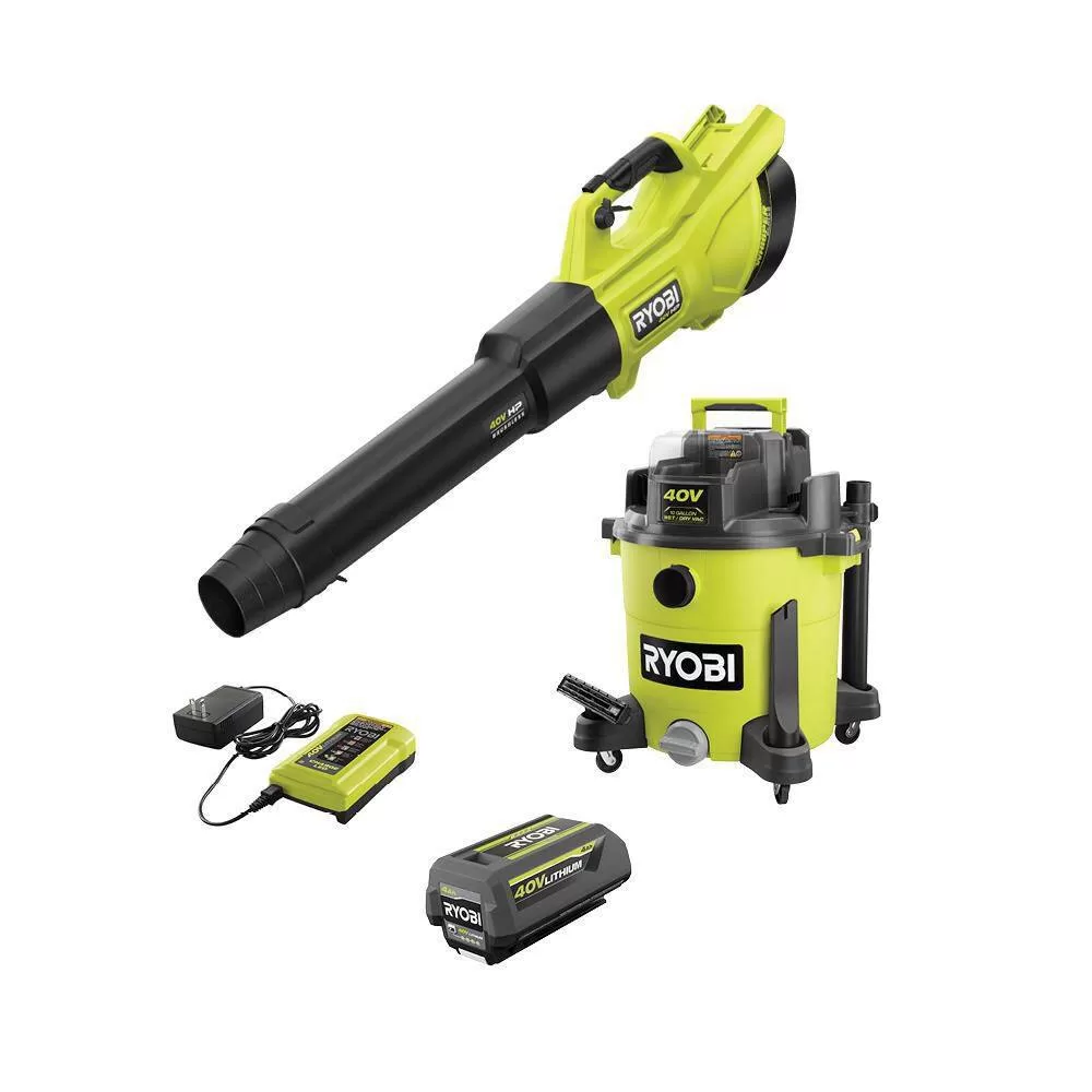 RYOBI RY40WD01K-RY404013BTLVNM 40V 10 Gal. Cordless Wet/Dry Vacuum with 40V HP Brushless Whisper Series Leaf Blower, 4.0 Ah Battery, and Charger