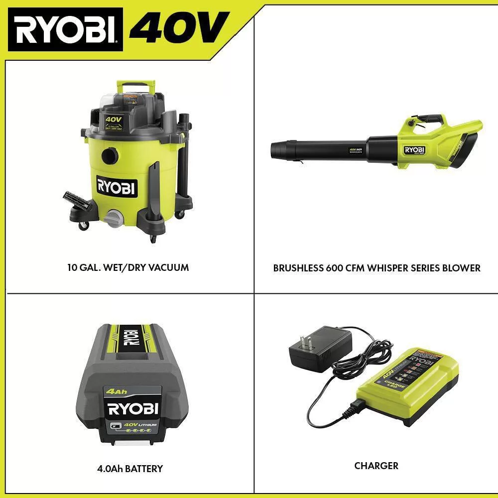 RYOBI RY40WD01K-RY404013BTLVNM 40V 10 Gal. Cordless Wet/Dry Vacuum with 40V HP Brushless Whisper Series Leaf Blower, 4.0 Ah Battery, and Charger