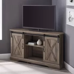 Welwick Designs 52 in. Grey Wash Wood Farmhouse Corner TV Stand with 2-Sliding Barn Doors fits TVs up to 58 in.