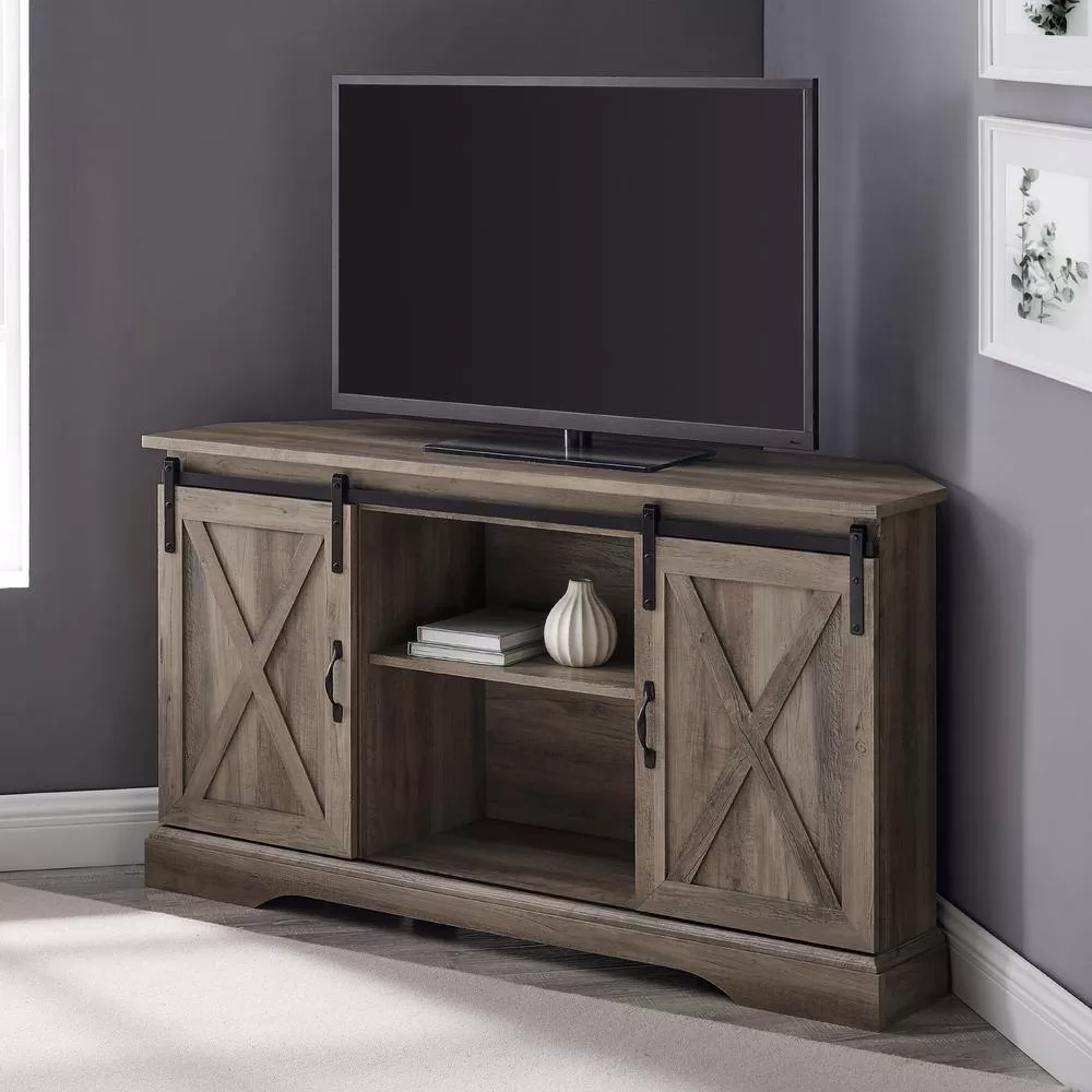Welwick Designs 52 in. Grey Wash Wood Farmhouse Corner TV Stand with 2-Sliding Barn Doors fits TVs up to 58 in.