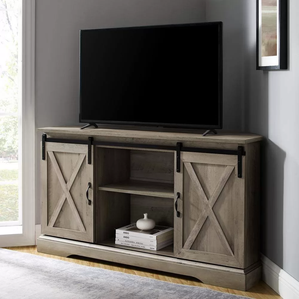 Welwick Designs 52 in. Grey Wash Wood Farmhouse Corner TV Stand with 2-Sliding Barn Doors fits TVs up to 58 in.