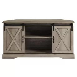 Welwick Designs 52 in. Grey Wash Wood Farmhouse Corner TV Stand with 2-Sliding Barn Doors fits TVs up to 58 in.