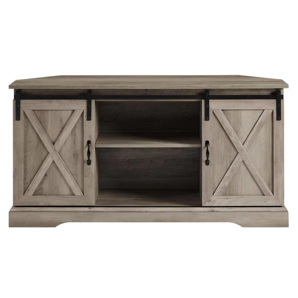 Welwick Designs 52 in. Grey Wash Wood Farmhouse Corner TV Stand with 2-Sliding Barn Doors fits TVs up to 58 in.