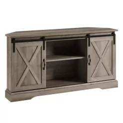 Welwick Designs 52 in. Grey Wash Wood Farmhouse Corner TV Stand with 2-Sliding Barn Doors fits TVs up to 58 in.