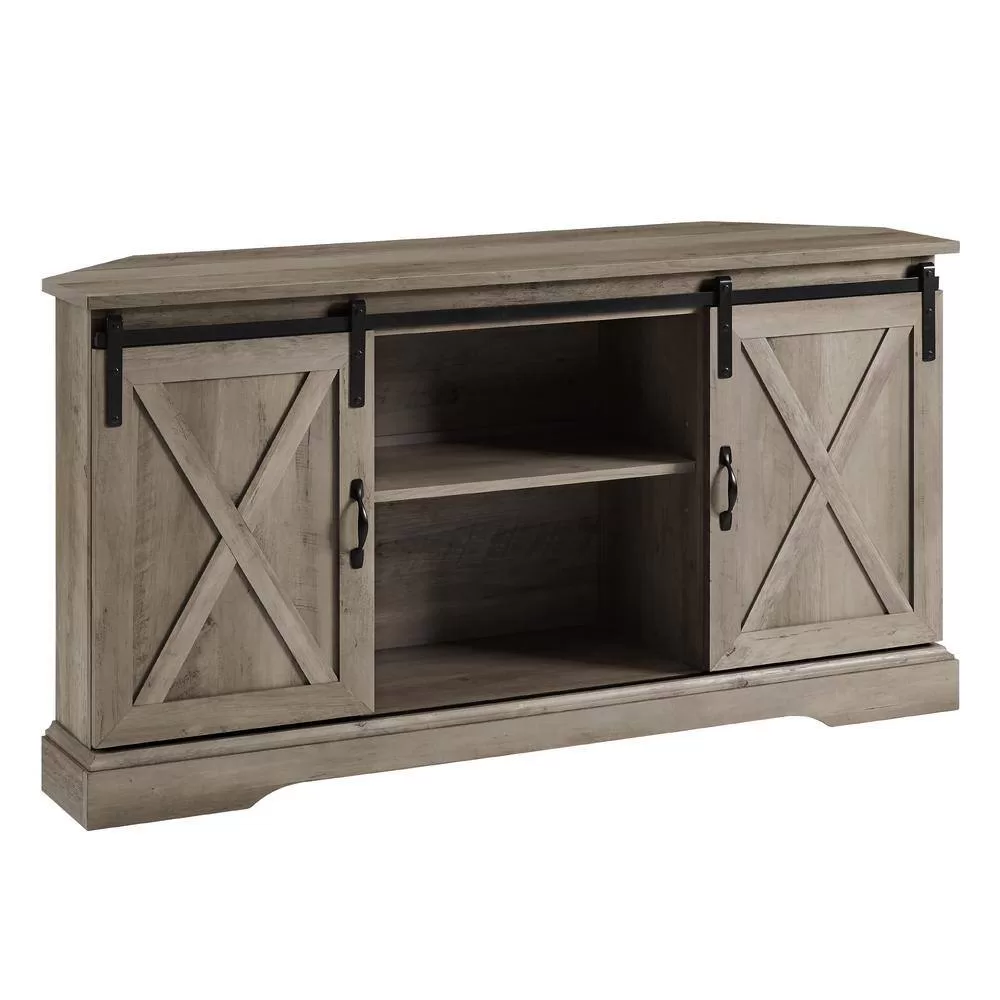 Welwick Designs 52 in. Grey Wash Wood Farmhouse Corner TV Stand with 2-Sliding Barn Doors fits TVs up to 58 in.