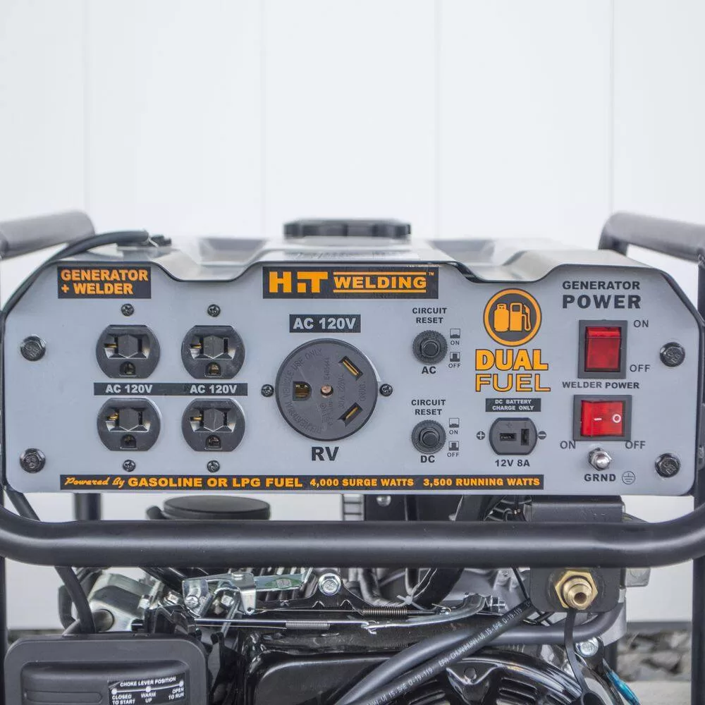 HIT Welding 806656 3,500-Watt/4,000-Watt Dual Fuel Recoil Start Portable Generator with Stick Welder (TIG), CO Detector and Auto-Shutoff